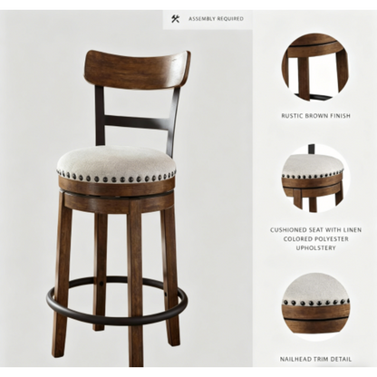 Rotating bar stools with backrests, made of rustic industrial style wood and metal.
