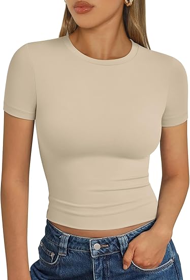 Womens Short Sleeve T Shirts - Buttery Soft Summer Crop Tops Slim Fit Y2k Basic Tees for Workout