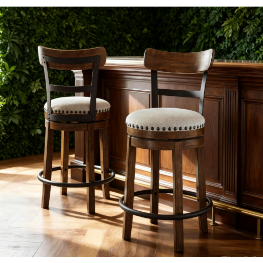Rotating bar stools with backrests, made of rustic industrial style wood and metal.