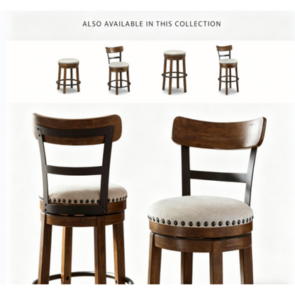 Rotating bar stools with backrests, made of rustic industrial style wood and metal.