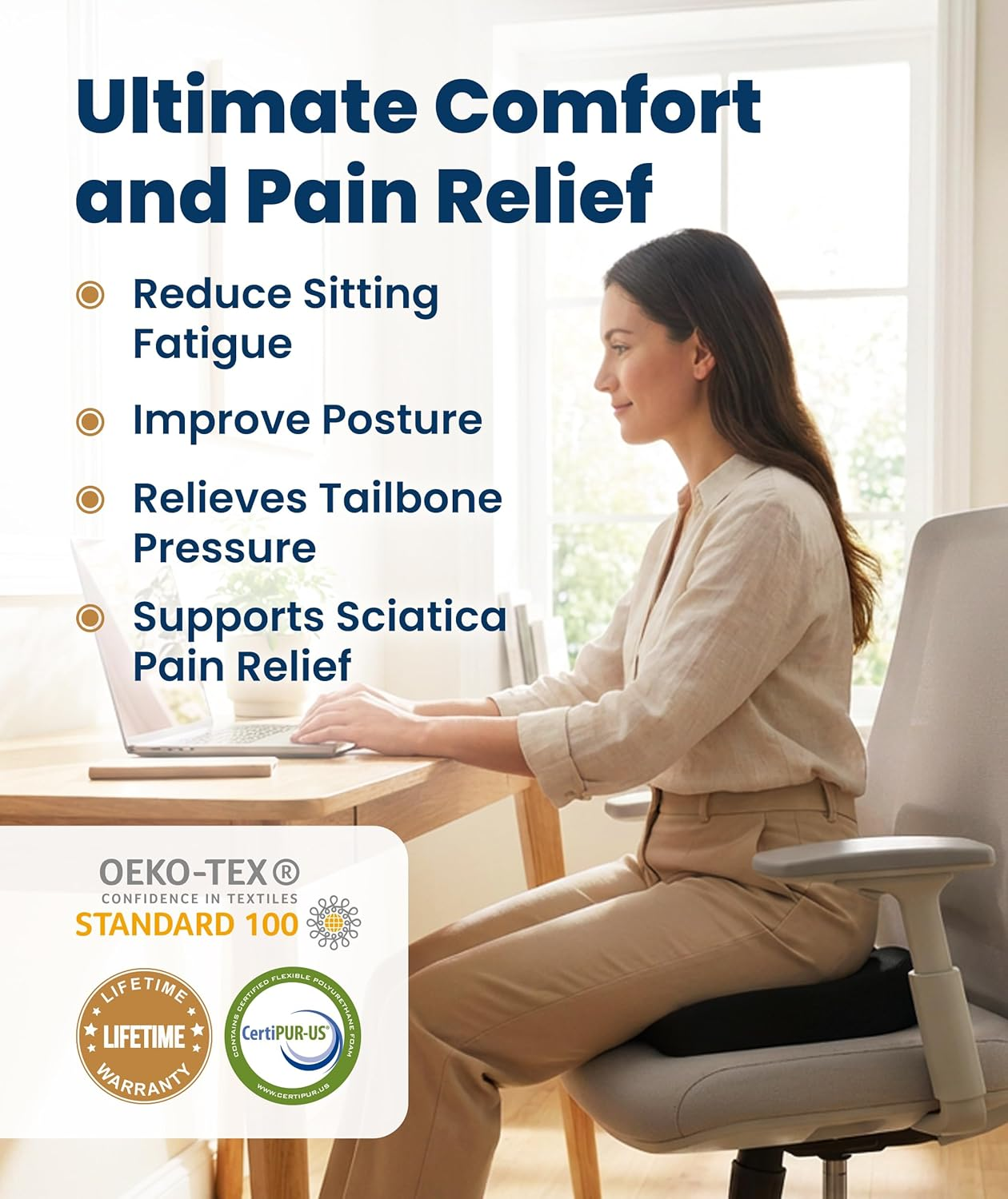 Doctor-Recommended Memory Foam Seat Cushion | Ergonomic Pad Relieves Tailbone & Sciatica for Car & Office