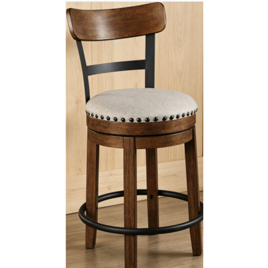 Rotating bar stools with backrests, made of rustic industrial style wood and metal.